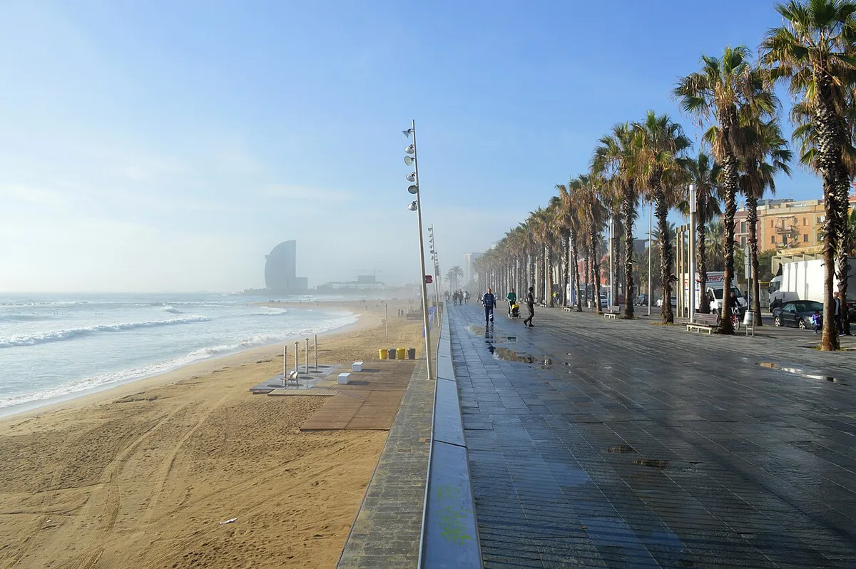 De boulevard van het Barceloneta-strand met palmbomen en het Hotel W Barcelona in de verte op een rustige ochtend