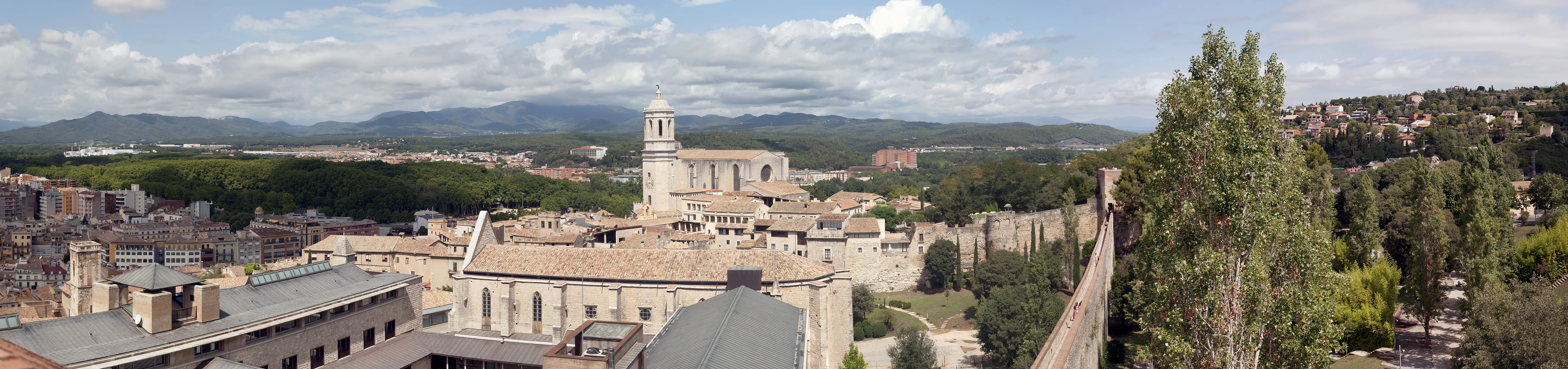 De kleurrijke huizen langs de Onyar-rivier in Girona met de kathedraal op de achtergrond